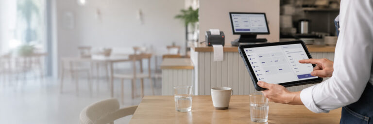 Άτομο κρατά tablet με ημερολόγιο ή εφαρμογή διαχείρισης έργων σε σύγχρονο γραφείο με υπολογιστή και εκτυπωτή στο παρασκήνιο