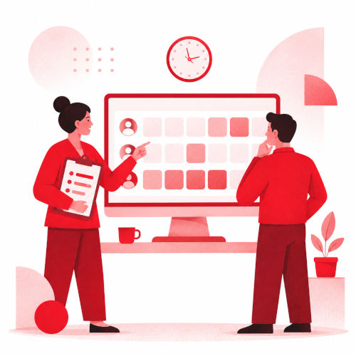 Δύο άτομα σε κόκκινα ρούχα συζητούν μπροστά από ένα ψηφιακό ημερολόγιο με ώρα και χρονοδιάγραμμα εργασιών